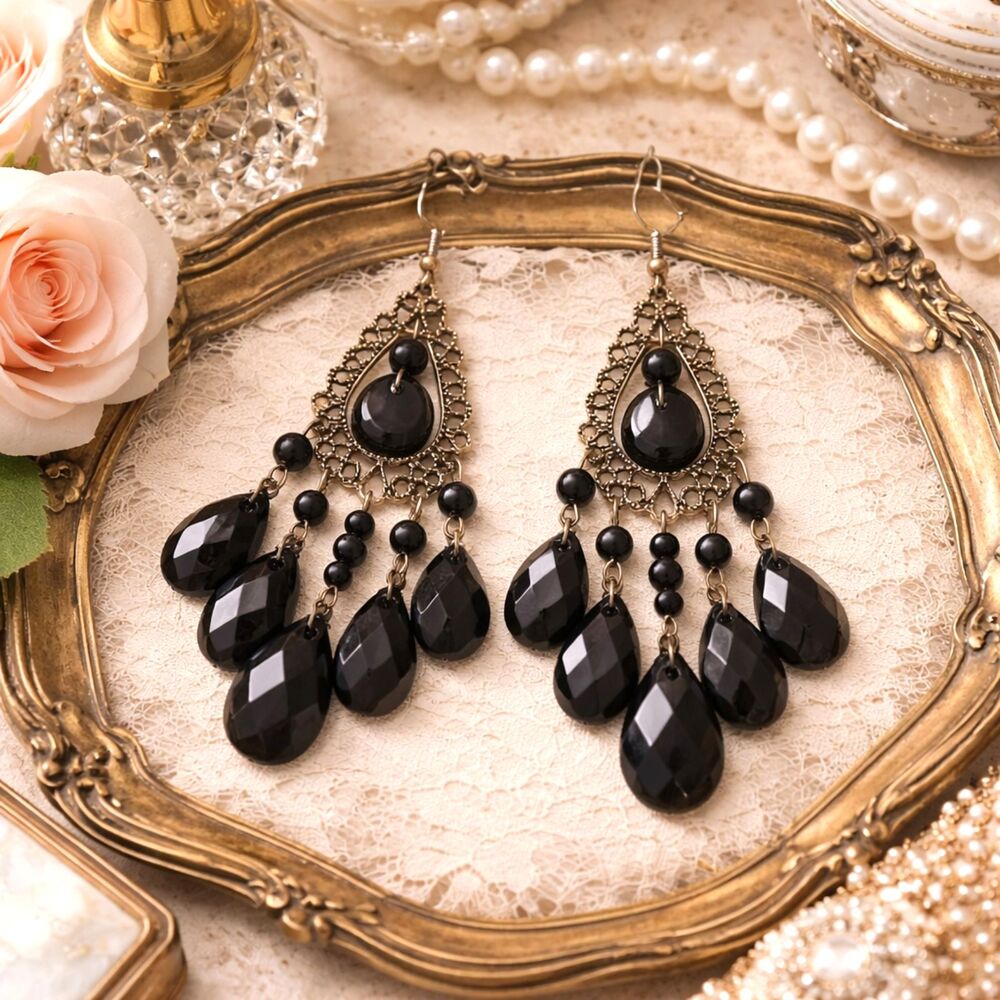 Gunmetal Silver Filigree and Black Bead Chandelier Earrings - Picture 2 of 8